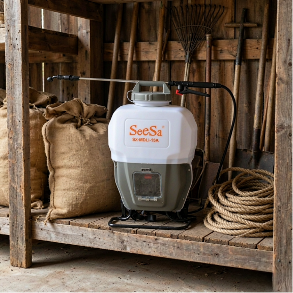 SeeSa SX-MDLi-15A Dynamoelectric Sprayer stored in a dry farm shed during the off-season