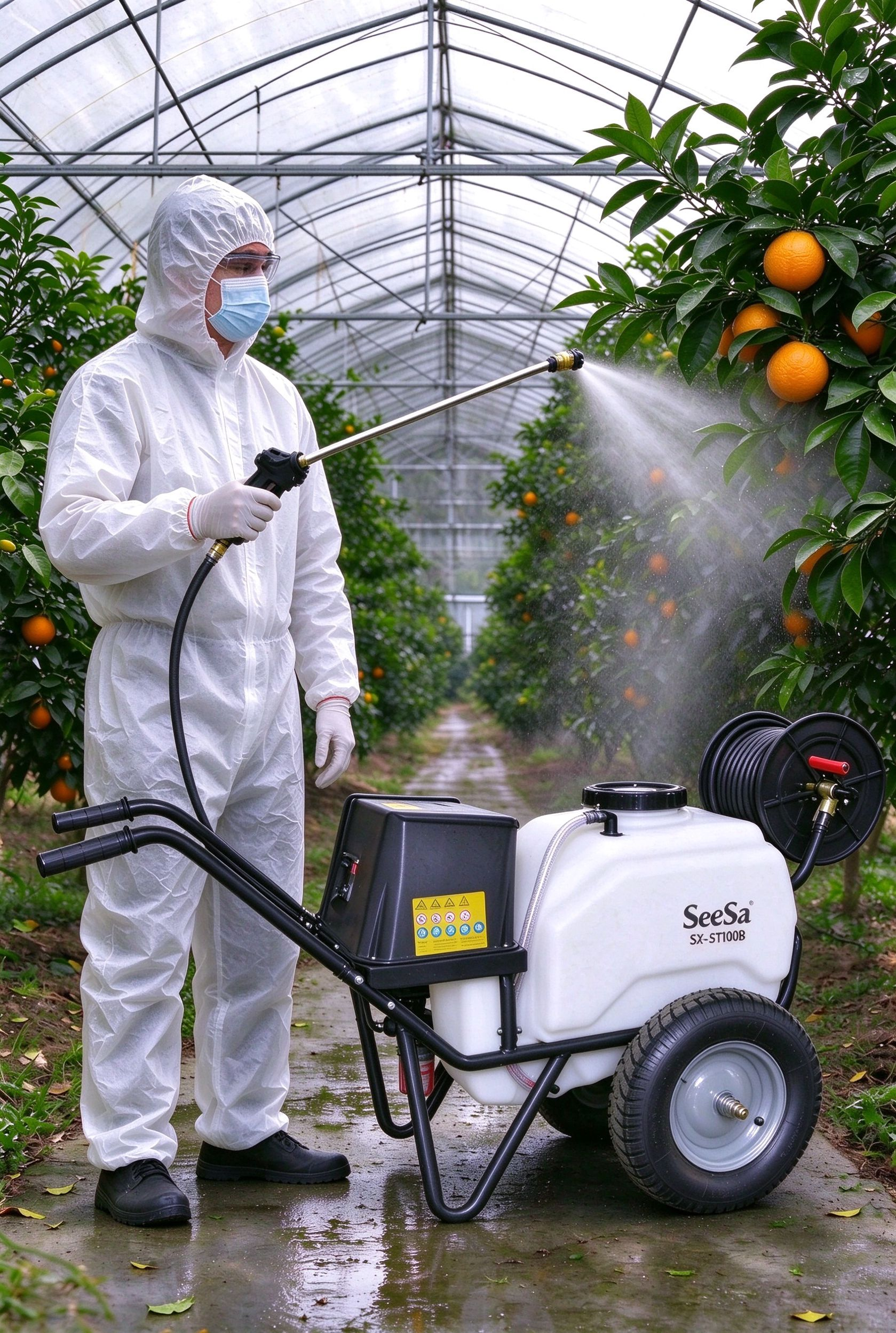 SeeSa wheelbarrow electric sprayer used for pest control in citrus greenhouse.png